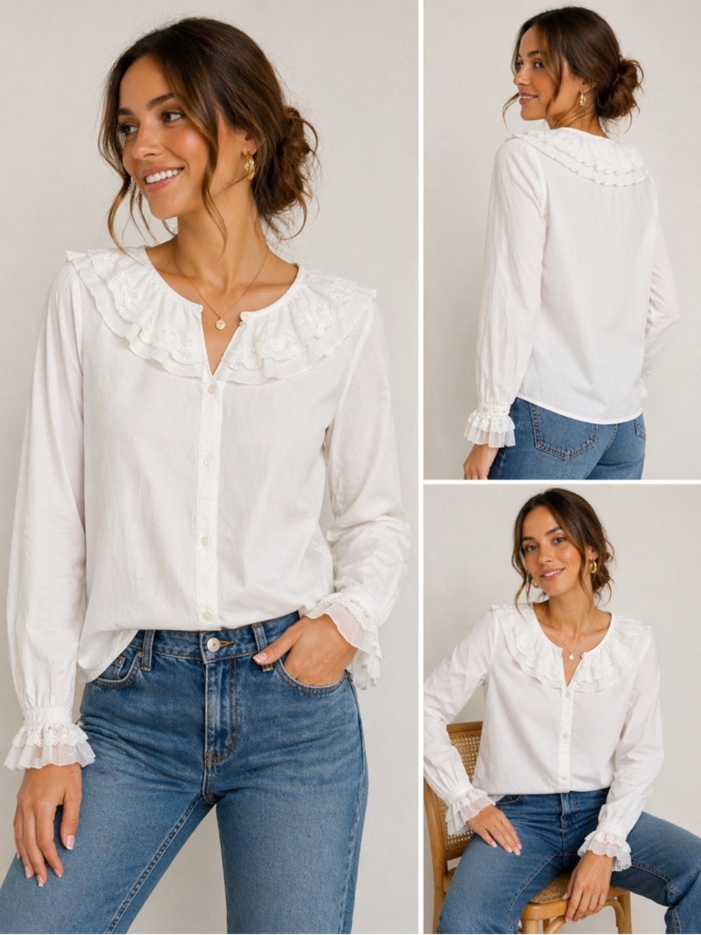 Women's J. Crew White Ruffled /Lace Button-Front Blouse NWOT